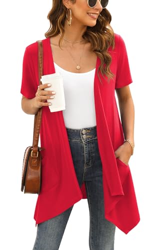 Wiwclo Womens Red Short Sleeve Cardigan Open Front Lightweight Summer Cardigan Kimono Casual Soft Draped Vest with Pockets High Low Hem 2024,XL von Wiwclo