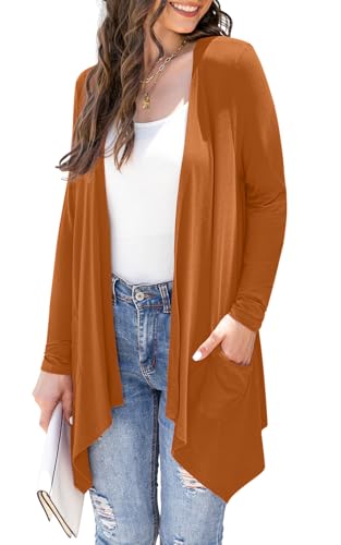 Women Plus Size Casual Open Front Knit Cardigans Lightweight Summer Soft Relaxed Fit Long Sleeve Cardigan Side Pocket Solid Drape Duster,Brown,XXL von Wiwclo
