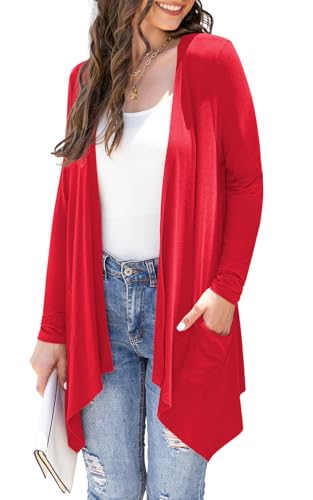 Women Plus Size Casual Open Front Knit Cardigans Lightweight Summer Soft Relaxed Fit Long Sleeve Cardigan Side Pocket Solid Drape Duster,Red,XXL von Wiwclo