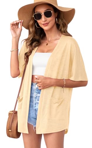 Womens Apricot Short Sleeve Kimono Cardigans V Neck Open Front Lightweight Summer Cardigan Casual Loose Beach Cover Up Curved Hem with Pockets 2024,S von Wiwclo