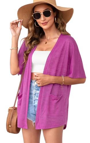 Womens Magenta Plus Size Short Sleeve Kimono Cardigans V Neck Open Front Lightweight Summer Cardigan Casual Beach Cover Up Curved Hem with Pockets,XXL Womens Magenta Plus Size Short Sleeve Kimono Cardigans V Neck Open Front Lightweight Summer Cardigan Casual Beach Cover Up Curved Hem with Pockets,XXL von Wiwclo