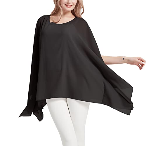 Wiwish Damen Baggy Feste bloße Chiffon- Kaftan Poncho Plus Size Batwing Tunika Top Bluse Einheitsgröße schwarz Batwing von Wiwish