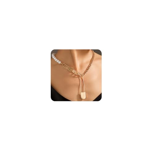 Wiwpar Chunky Rope Chain Choker Necklace Vintage Pearl Link Chain Love Lock Pendant Necklace Golden for Women von Wiwpar