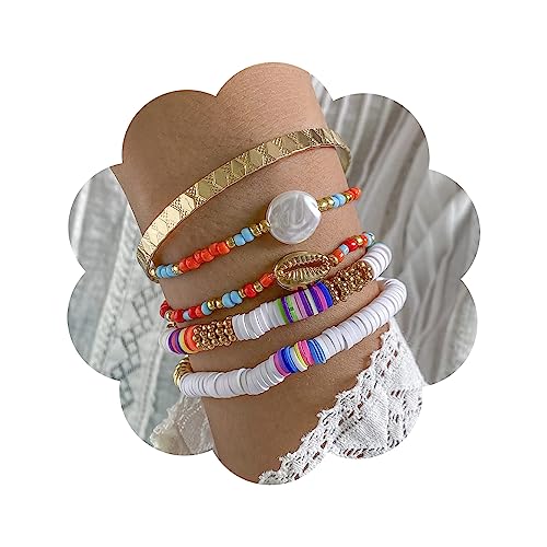 Wiwpar Surfer-Heishi-Armbänder, Boho-Armreif, Gliederarmbänder, elastische Regenbogen-Perlenarmbänder für Frauen und Mädchen von Wiwpar