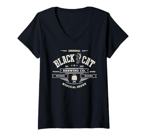 Damen Süße Schwarze Katze Hexe Brewing Co Tränke Kaffee Magical Wicca T-Shirt mit V-Ausschnitt Damen Süße Schwarze Katze Hexe Brewing Co Tränke Kaffee Magical Wicca T-Shirt mit V-Ausschnitt von Wizard Broom Halloween Pumpkin Wicca Hat Company