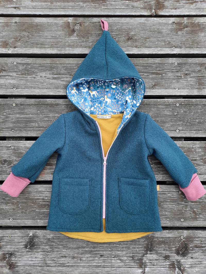 Neu Walkjacke Oder Walkmantel Zipfel-Jacke Schurwolle Walk Pferde Kobalt-Blau & Senf-Altrosa von WizardofYve