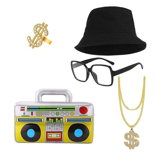 Wizoowip Aufblasbare Boom Box Faux Goldene Kette Halskette 1 Set Cosplay Zubehör Radio Ring Armband Eimer Hut Brille Punk Retro Disco Hip Hop Rock Karneval D von Wizoowip