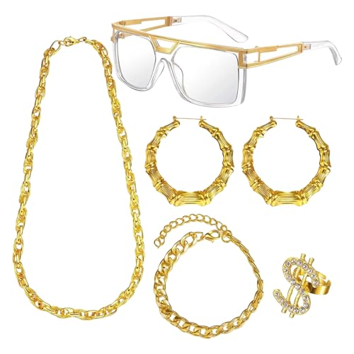 Wizoowip Aufblasbare Boom Box Faux Goldene Kette Halskette 1 Set Cosplay Zubehör Radio Ring Armband Eimer Hut Brille Punk Retro Disco Hip Hop Rock Karneval G von Wizoowip