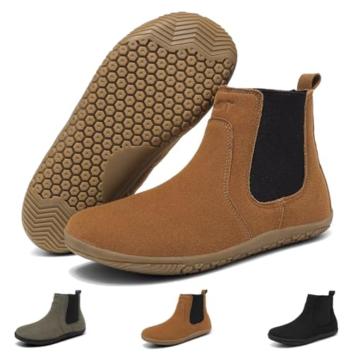 Wizshoe Barfußschuhe Chelsea Boots Frühling Damen Mikrofaser Ankle Booties Flache Herbst Stiefeletten Halbstiefel Frauen Barefoot Stiefel Schlupfstiefel Braun 41EU von Wizshoe