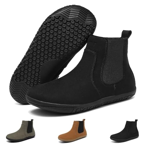Wizshoe Barfußschuhe Chelsea Boots Frühling Damen Mikrofaser Ankle Booties Flache Herbst Stiefeletten Halbstiefel Frauen Barefoot Stiefel Schlupfstiefel Schwarz 41EU von Wizshoe