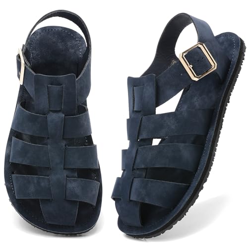 Wizshoe Sandalen Damen Herren Sommer Breite Barfußschuhe Leder Freizeit Flach Schnalle Strandsandalen Atmungsaktive Füße Weite Barfuss Römersandalen Outdoorsandale Wanderschuhe Leicht Blau 40EU von Wizshoe
