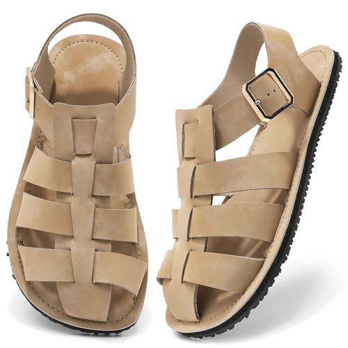 Wizshoe Sandalen Damen Herren Sommer Breite Barfußschuhe Leder Freizeit Flach Schnalle Strandsandalen Atmungsaktive Füße Weite Barfuss Römersandalen Outdoorsandale Wanderschuhe Leicht Khaki 38EU von Wizshoe