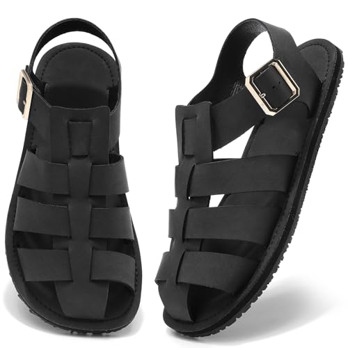 Wizshoe Sandalen Damen Herren Sommer Breite Barfußschuhe Leder Freizeit Flach Schnalle Strandsandalen Atmungsaktive Füße Weite Barfuss Römersandalen Outdoorsandale Wanderschuhe Leicht Schwarz 38EU von Wizshoe