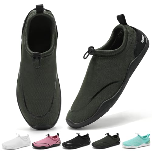 Wizshoe Wasserschuhe Damen Badeschuhe Herren Aquaschuhe Schnell Trocknend Strandschuhe Surfschuhe Dicke Sohle mit Löchern Breiter Zehenbox Beach Shoes Grün 44 von Wizshoe