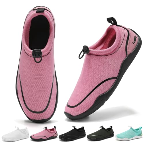 Wizshoe Wasserschuhe Damen Badeschuhe Herren Aquaschuhe Schnell Trocknend Strandschuhe Surfschuhe Dicke Sohle mit Löchern Breiter Zehenbox Rosa 36 von Wizshoe