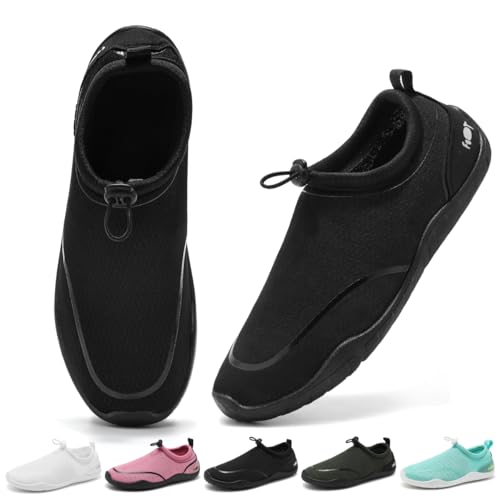 Wizshoe Wasserschuhe Damen Badeschuhe Herren Aquaschuhe Schnell Trocknend Strandschuhe Surfschuhe Dicke Sohle mit Löchern Breiter Zehenbox Wassersportschuhe Schwarz 46 von Wizshoe