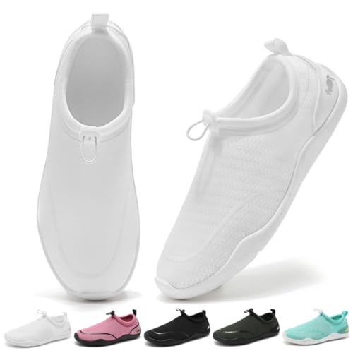 Wizshoe Wasserschuhe Damen Badeschuhe Herren Aquaschuhe Schnell Trocknend Strandschuhe Surfschuhe Dicke Sohle mit Löchern Breiter Zehenbox Water Shoes Weiß 45 von Wizshoe