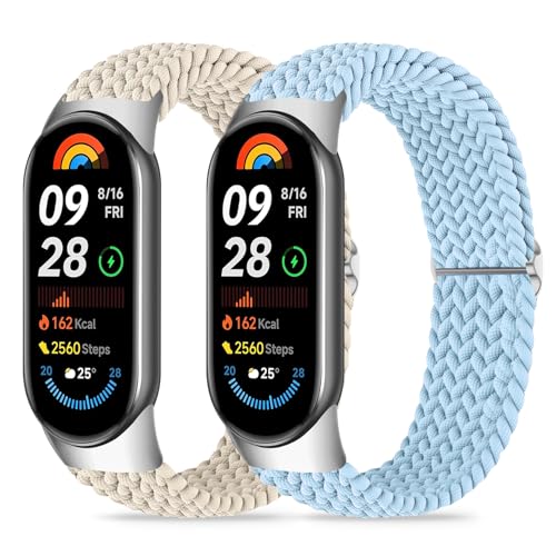 Wizvv 2 Stück Geflochtenes Mi Band 9 Armband/Mi Band 8 Armband Herren Damen，Elastische weiches Nylon Uhrenarmband Ersatzarmband kompatibel mit Xiaomi Smart Band 9/Xiaomi Smart Band 8 von Wizvv