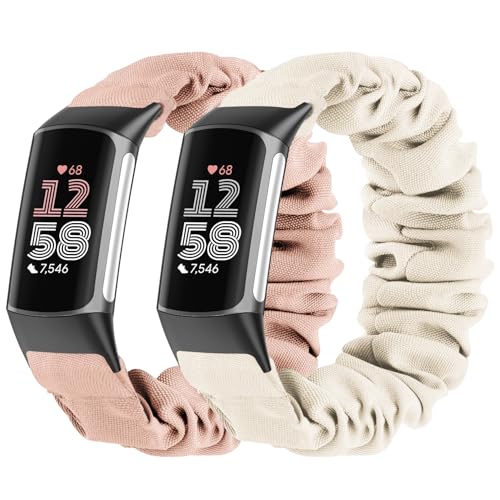 Wizvv 2 Stück Scrunchie Armband kompatibel mit Fitbit Charge 5/Fitbit Charge 6 Armband für Damen Herren, atmungsaktives Dehnbarer Nylon Ersatzarmband für Charge 5/Charge 6 von Wizvv