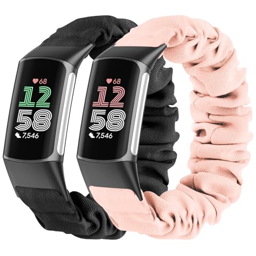 Wizvv 2 Stück Scrunchie Armband kompatibel mit Fitbit Charge 5/Fitbit Charge 6 Armband für Damen Herren, atmungsaktives Dehnbarer Nylon Ersatzarmband für Charge 5/Charge 6 von Wizvv