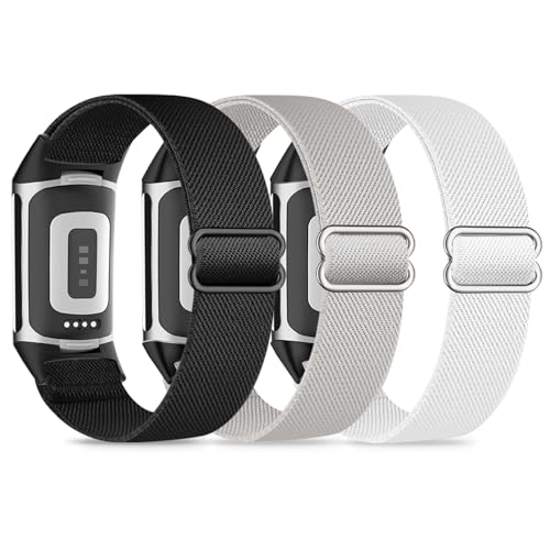 Wizvv 3 Stück Elastische Armband Compatible with Fitbit Charge 5/Fitbit Charge 6 Armband für Damen Herren, atmungsaktives Verstellbarer Dehnbarer Nylon Ersatzarmband für Fitbit Charge 5/Charge 6 von Wizvv