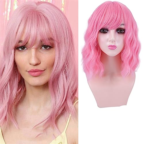 14 Zoll Synthetische Kurze Bob Perücke Körperwelle Perücken Mit Pony Bunte Cosplay Tägliche Party Perücke Für Frauen Natürliches Haar pink 14inches von Wjnvfioo