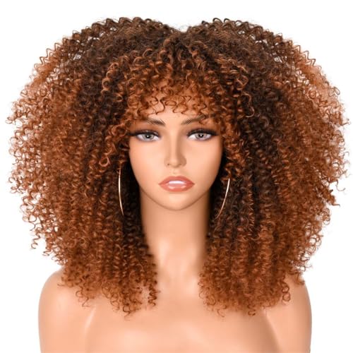 Afro Lockige Perücke Mit Pony Für Schwarze Frauen Cosplay Synthetische Perücke Natürlich Leimlos Braun Gemischt Blond Perücken 406 Cm von Wjnvfioo