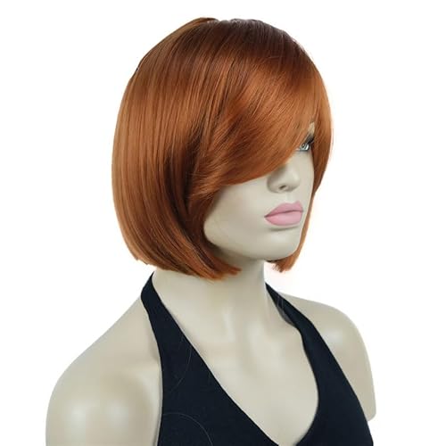 Braune Kurze Gerade Bob-Perücke Für Damen Mit Seitlichem Pony, Synthetische Vollhaarperücken, Hitze 130A Orange Red von Wjnvfioo