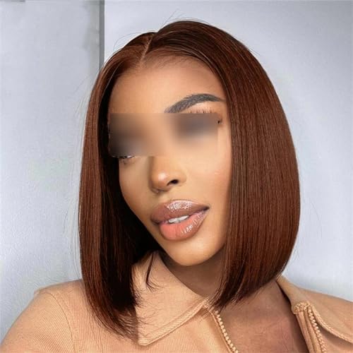 Braune Kurze Gerade Bob-Spitze-Front-Echthaar-Perücke Für Frauen, Brasilianisches Remy-Haar, Schokoladenfarbene Spitze-Bob-Perücken Brown Deep Part#14inch#180% von Wjnvfioo
