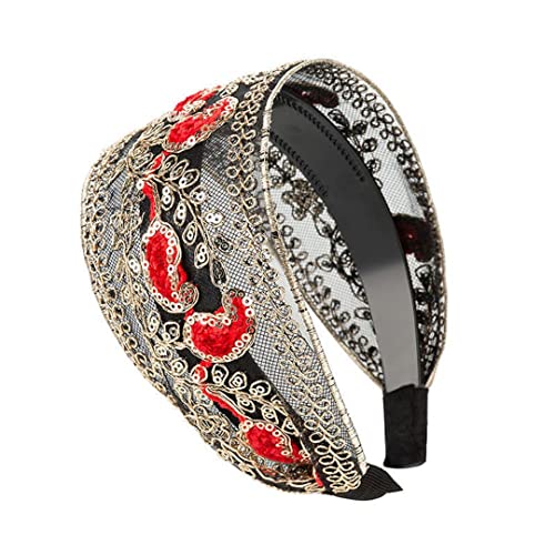 Breite Spitze Bestickte Frauen Stirnband Pailletten Lünette Haar Hoop Weibliche Turban Haarband Wrap Bandana A rot von Wjnvfioo