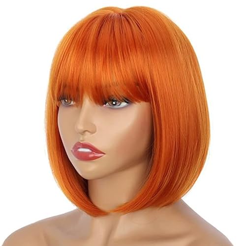 Burgunderrote Kurze Bob-Echthaar-Perücke Mit Fransen Für Frauen, Glattes Remy-Haar, Bob-Perücken Mit Pony, Ingwer-Orange-Farbe von Wjnvfioo