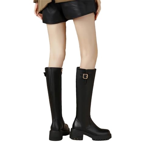 Damen Kniehohe Stiefel Quadratische Absätze Casual Winter Lange Stiefel Damen Runde Zehen Reißverschluss Mode Chunky Knight Bootties von Wjnvfioo
