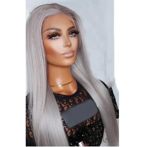 Gerade Lace-Front-Perücke, Synthetisches Haar Für Frauen, Leimlose Lace-Frontal-Perücke, Leimlose Synthetische Natürliche Perücke Gray 150%#Lace Front#24inches von Wjnvfioo