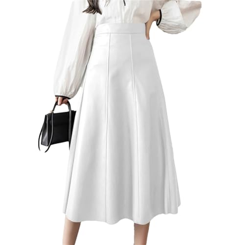 Herbst Solid Office Lady Fashion Hohe Taille Rock Frauen PU Leder Midi Elegant Hohe Taille Party Röcke, weiß, 48 von Wjnvfioo
