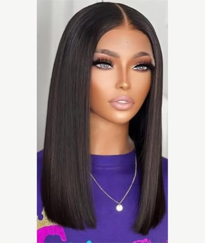 Kurze, Glatte Bob-Perücken Für Damen, Echthaar, Klebefrei, Bob-Front-Perücken 134 Frontal Wig 16inch#180##1B von Wjnvfioo