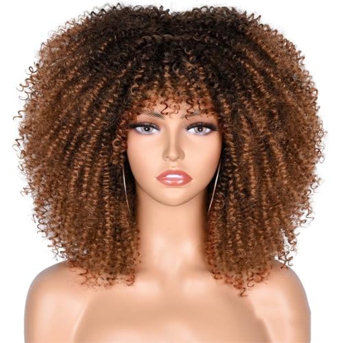 Kurze Afro-Verworrene Lockige Perücken Mit Pony Für Schwarze Frauen Blond Gemischt Braun Synthetische Cosplay-Afrikanische Perücken 356 Cm von Wjnvfioo