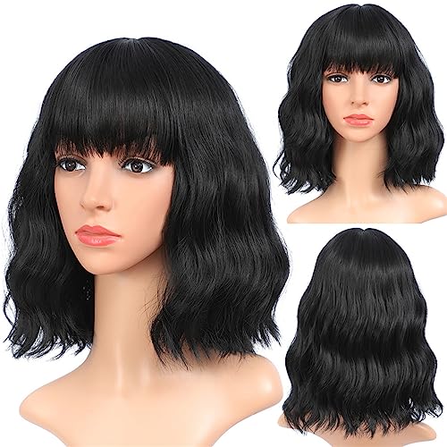 Kurze Natürliche Gewellte Haare Ombre Lila Rot Synthetische Perücken Mit Ordentlichem Pony Cosplay Perücken 14 Zoll Perücken Für Frauen #1B 14inches von Wjnvfioo