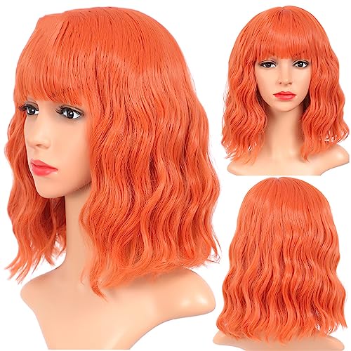 Kurze Natürliche Gewellte Haare Ombre Lila Rot Synthetische Perücken Mit Ordentlichem Pony Cosplay Perücken 14 Zoll Perücken Für Frauen 2313 Orange 14inches von Wjnvfioo