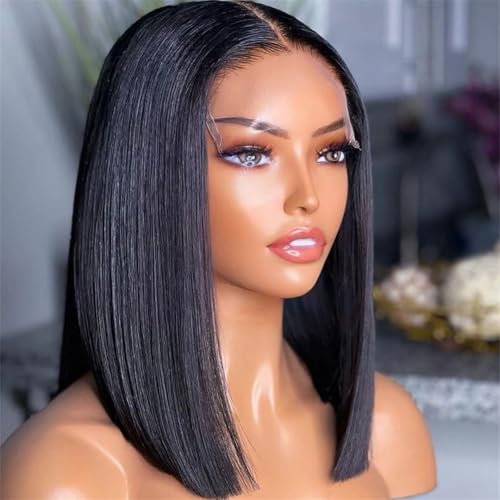 Lace-Front-Perücke, Lace-Front-Perücken Für Damen, Closure-Perücken, Kurze, Glatte Bob-Perücken 150 13X5X1 Lace 14inch#1B von Wjnvfioo
