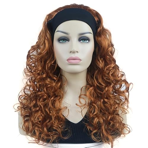 Lange 3/4-Halbe Perücke Mit Orange-Rotem Stirnband, Kupferrote Farbe Für Damen, Lange, Lockige, Gewellte, Vollsynthetische Perücke Für Frauen 130A Orange red 22inches von Wjnvfioo