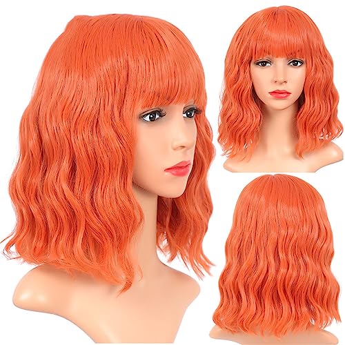 Ombre Burgunderrote Kurze Gewellte Perücken Für Weiße Frauen Afroamerikanische Synthetische Perücken Mit Pony Hitze-Cosplay-Perücken 2313 solid Orange 14inches von Wjnvfioo