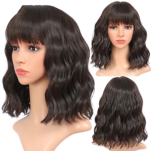 Ombre Burgunderrote Kurze Gewellte Perücken Für Weiße Frauen Afroamerikanische Synthetische Perücken Mit Pony Hitze-Cosplay-Perücken 6-8 Dark Brown 14inches von Wjnvfioo