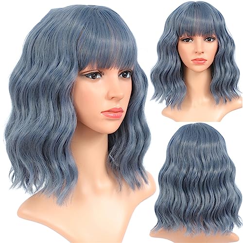 Ombre Burgunderrote Kurze Gewellte Perücken Für Weiße Frauen Afroamerikanische Synthetische Perücken Mit Pony Hitze-Cosplay-Perücken Ash Blue 14inches von Wjnvfioo