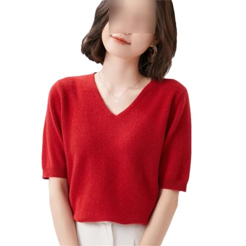 Sommer Damen Kurzarm T-Shirt Solid V-Ausschnitt Pullover Dünnes Strickoberteil Halbarm Kaschmir Pullover, rot, L von Wjnvfioo