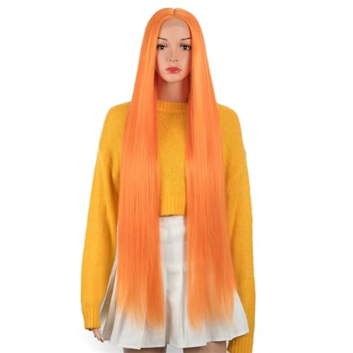 Synthetische 38 Zoll Gerade Lange Für Frauen Hochtemperaturfaser Mittelteil Blonde Highlight Cosplay Perücke ORANGE #38inch von Wjnvfioo