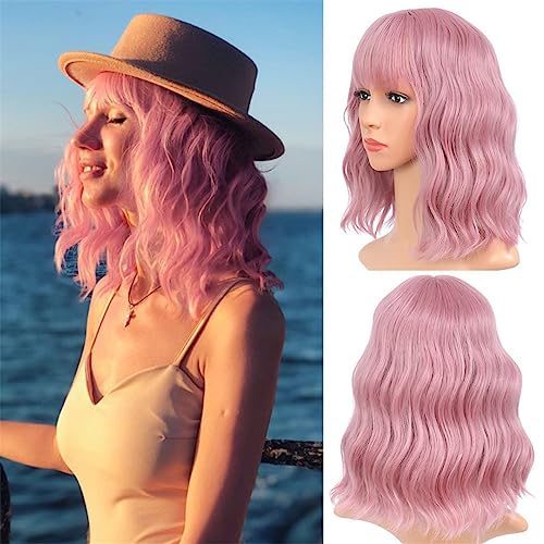 Synthetische Perücken 14 Zoll Kurze Gewellte Perücke Mit Pony Natürliches Haar Blonde Ombre Lila Farbige Perücken Für Frauen Cosplay PINK 14inches von Wjnvfioo