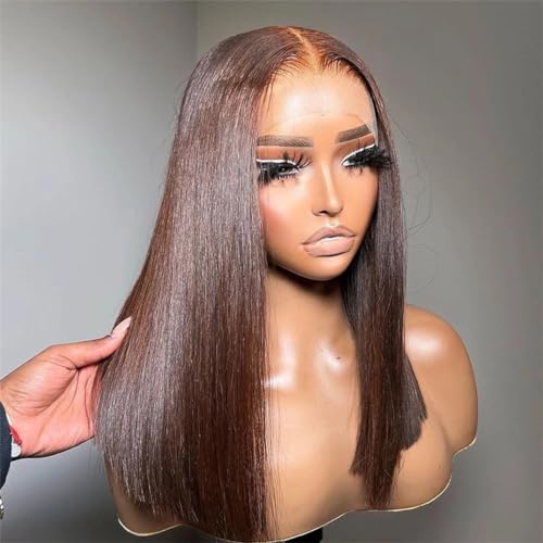 Transparente Schnürsenkel Für Frauen, Kurze Perücke, Ohne Kleber, Gerade, Natürliche Perücke, Synthetisches Schulterlanges Haar Chocolate Brown 14inch#180% von Wjnvfioo