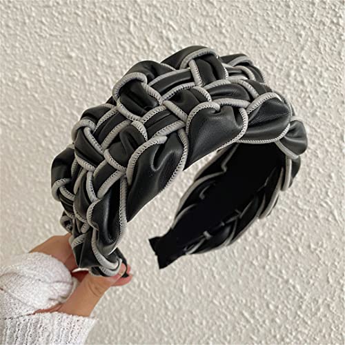 Winter Kunstleder Gewebt Breite Seite Stirnband Mode Haar Zubehör Frauen Casual Plaid Haarband Mädchen Schwarz von Wjnvfioo