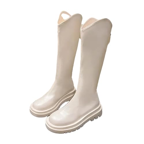 Wjnvfioo Damen Frühling Herbst Runde Zehe Dicker Absatz Ritter Kniehohe Stiefel Leder Elastisch Hoch geschnittene Stiefel von Wjnvfioo