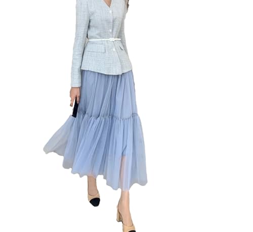 Wjnvfioo Damen Mesh A-Linie Stufenrock Frühling Sommer Elastische Hohe Taille Langer Tüllrock, blau, Einheitsgröße von Wjnvfioo